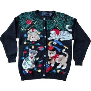 Vtg Northern Isles Christmas Cats Holiday Cardigan Hand Embroidered Kittens XS
